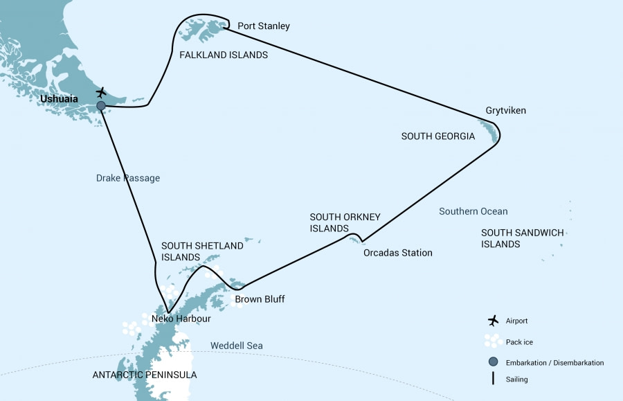 Plancius route Map Falkland Islands South Georgia Antarctica